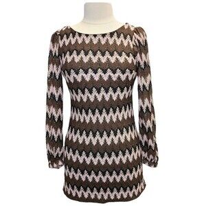 XOXO Boho Retro Lantern Long Sleeve Brown Pink Stitched Mini Dress S